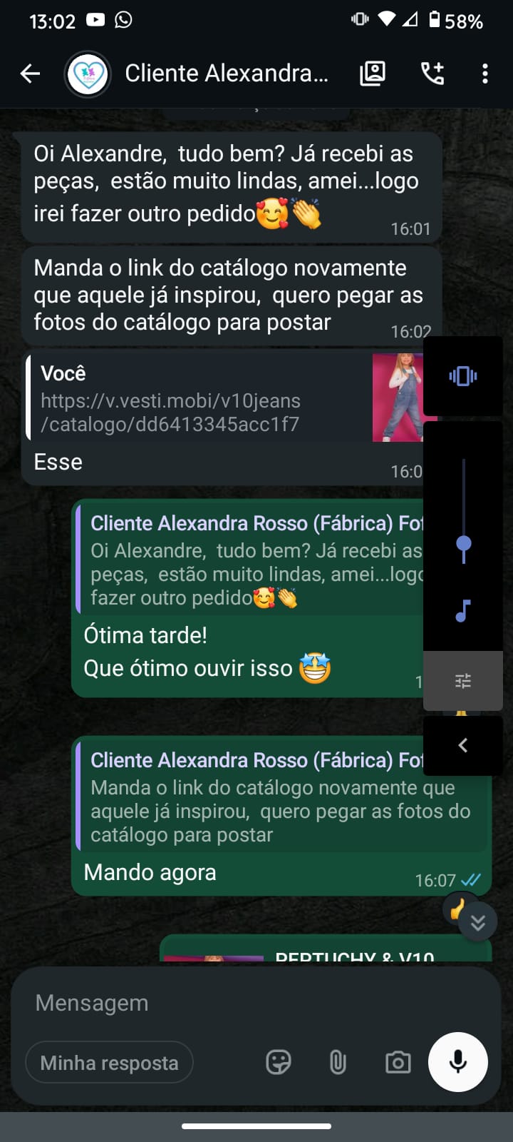Print real de conversa de lojista sobre entrega e qualidade