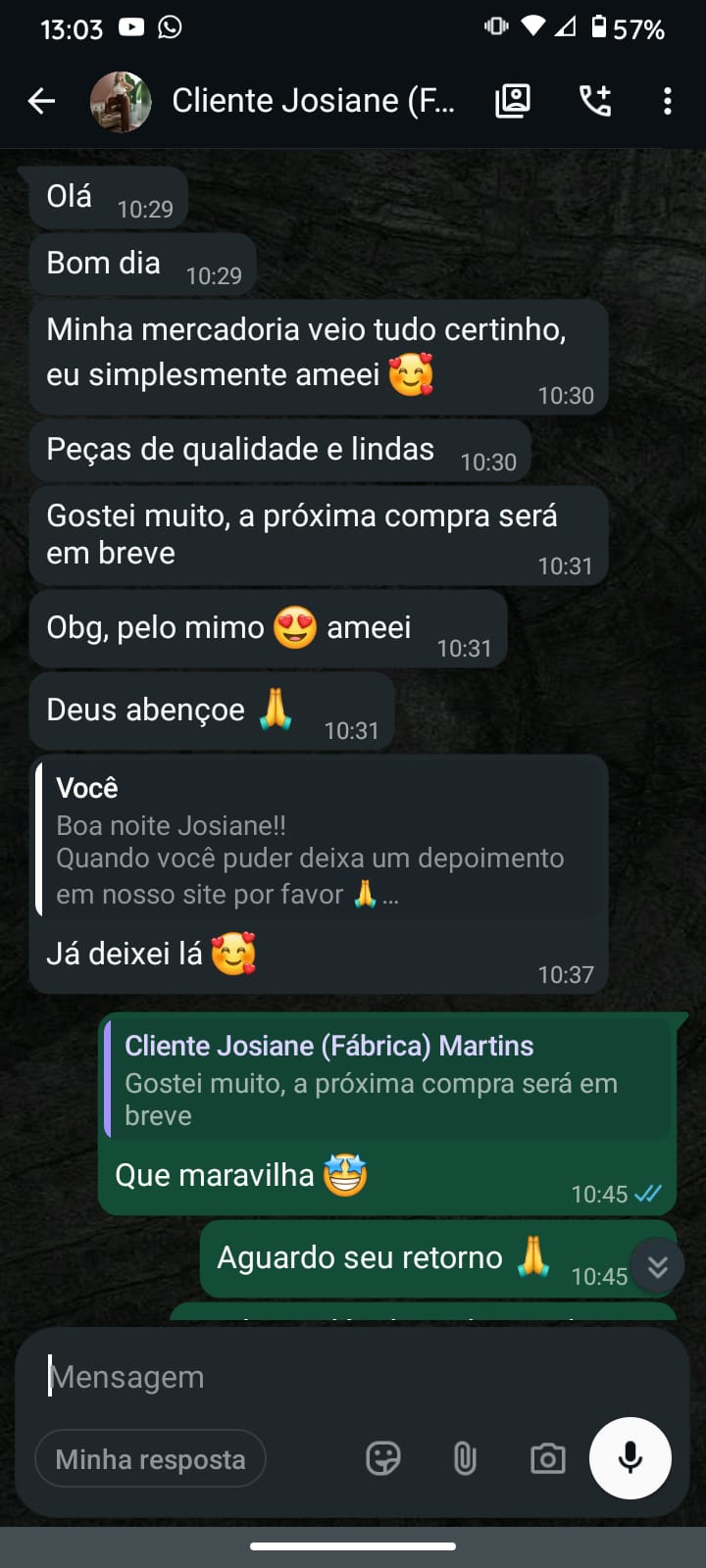 Print real de conversa de lojista confirmando o recebimento das peças