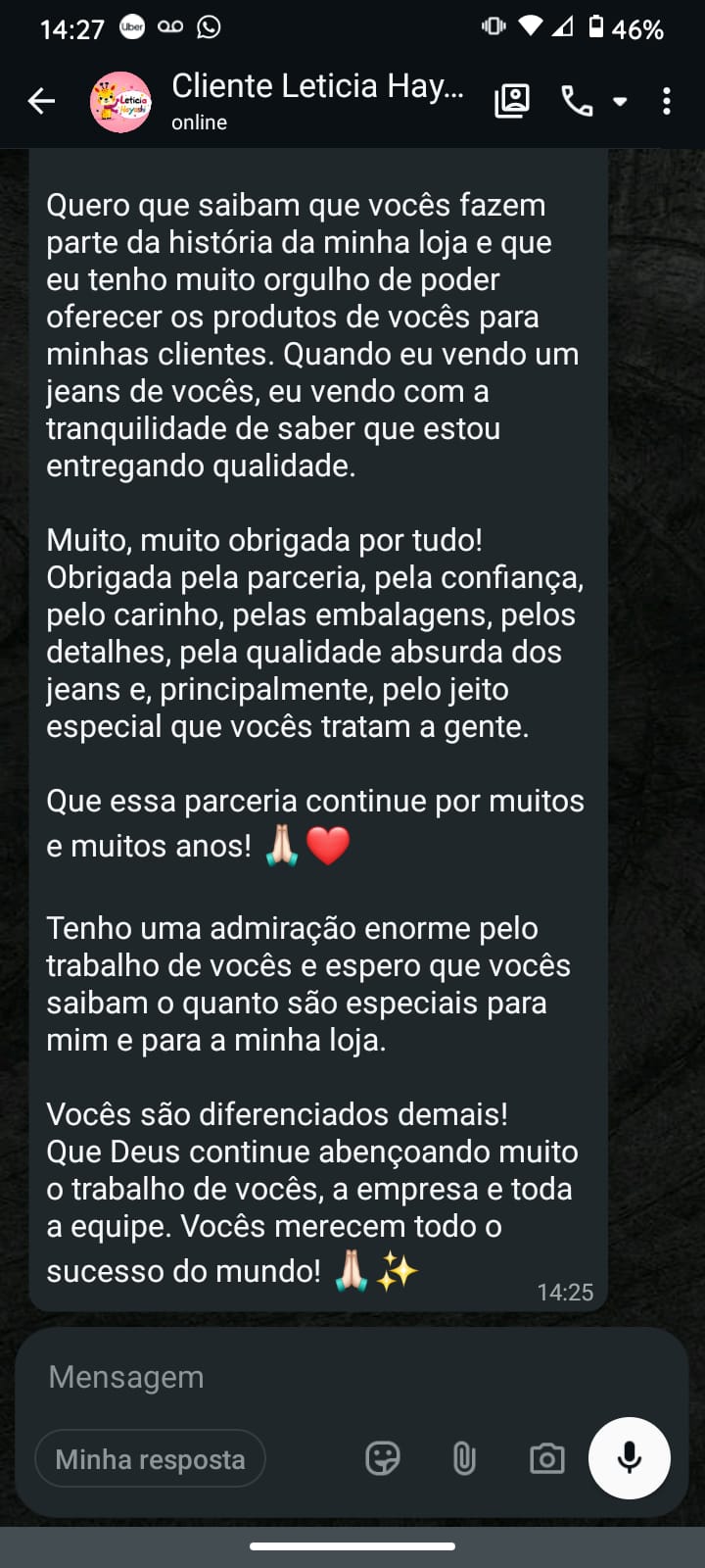 Print real de mensagem de lojista agradecendo a parceria e a qualidade da V10 Jeans