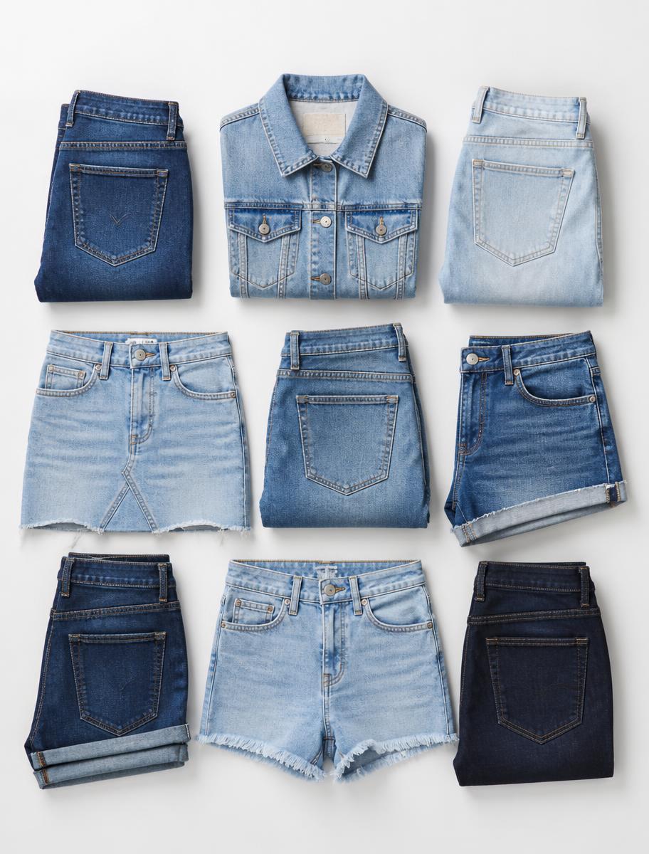 Peças jeans dobradas: calças, shorts, saia e jaqueta