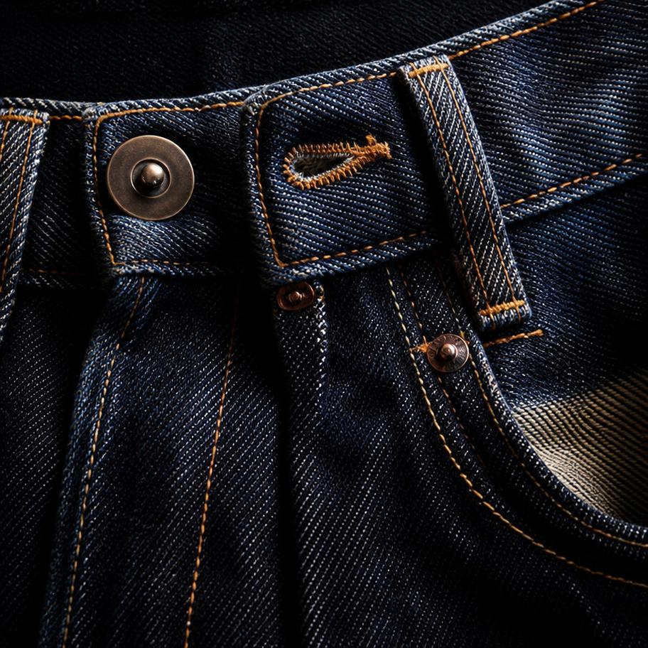 Detalhe aproximado do cós, botão e costuras de uma calça jeans