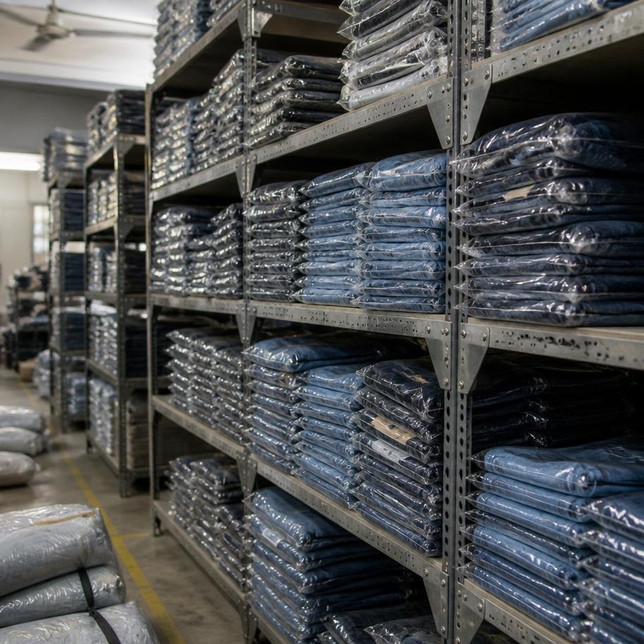 Prateleiras com peças jeans embaladas prontas para envio